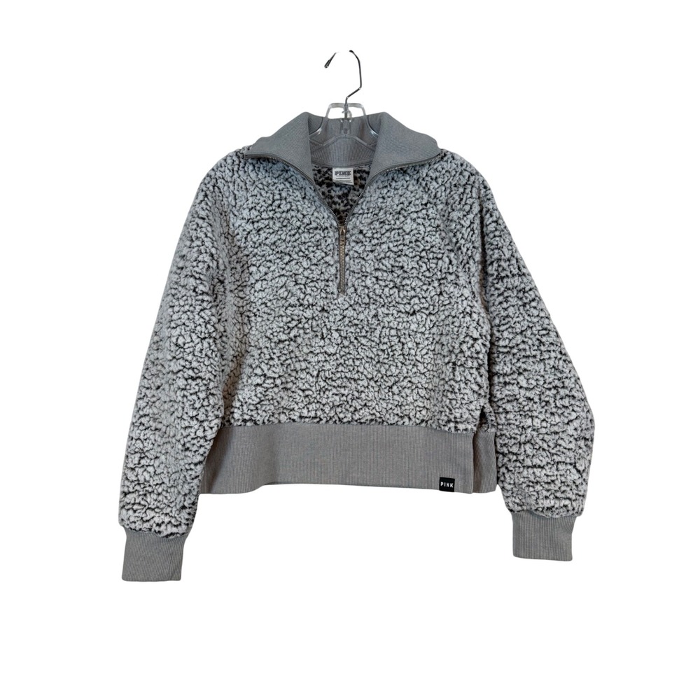 PINK Victorias Secret Sherpa Quarter Zip Pullover Grey White XS Mock Neck Fleece